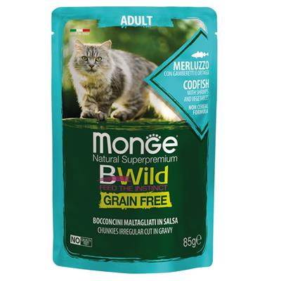 Monge BWild Cat Buste Bocconcini Merluzzo, Gamberetti e Ortaggi 85 g